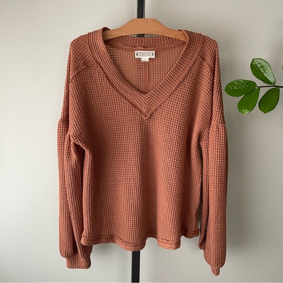 Loveriche Waffle Knit Balloon Statement Sleeve Vneck Pullover Top Blouse Sweater - Picture 7 of 9